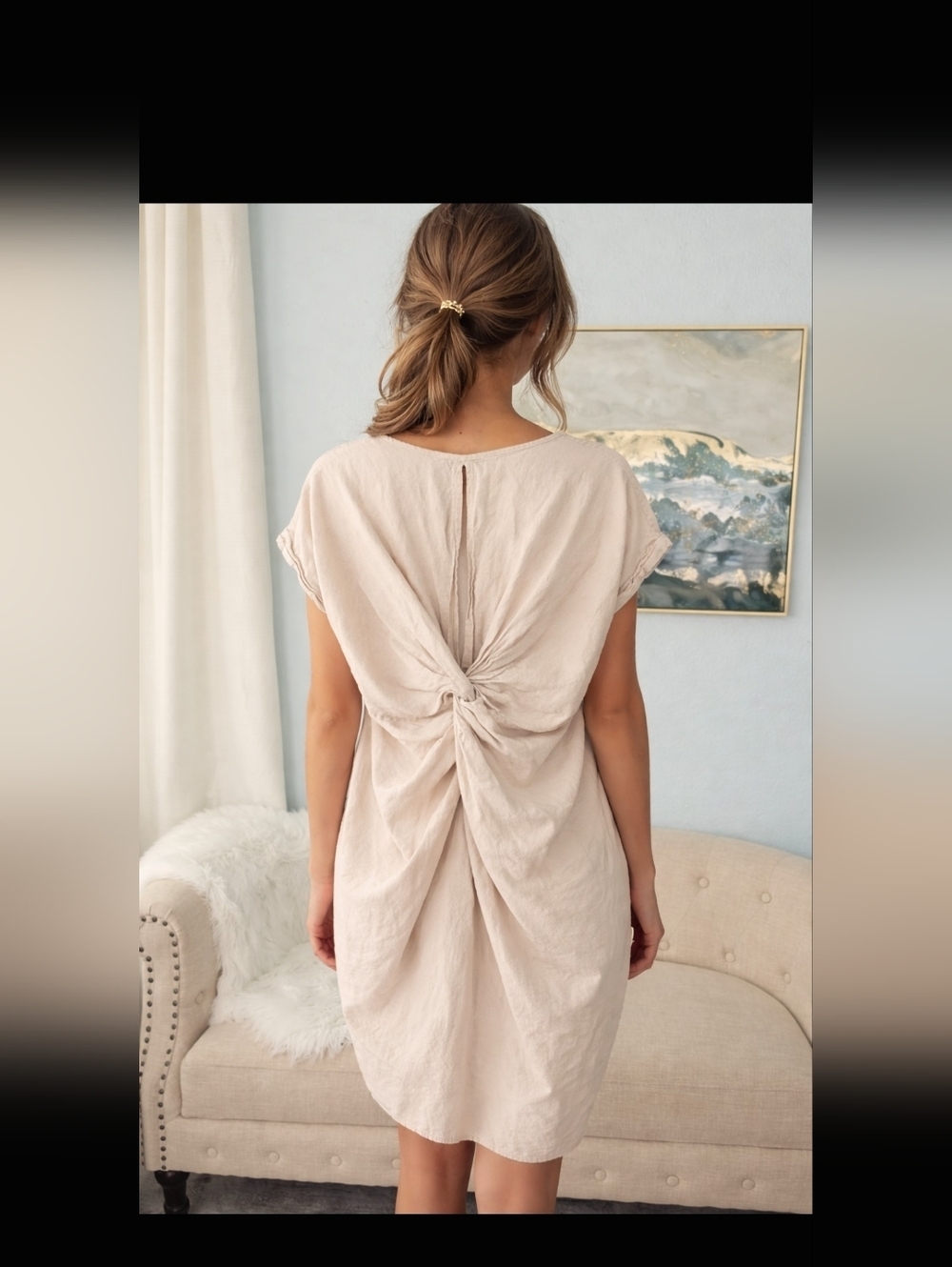 M Made In Italy Linen / Viscose Knot-Back Midi Dress Oversized  in Beige Sz S